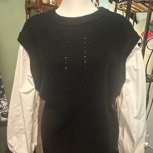 Black knit Sweater Vest with white balloon sleeves
